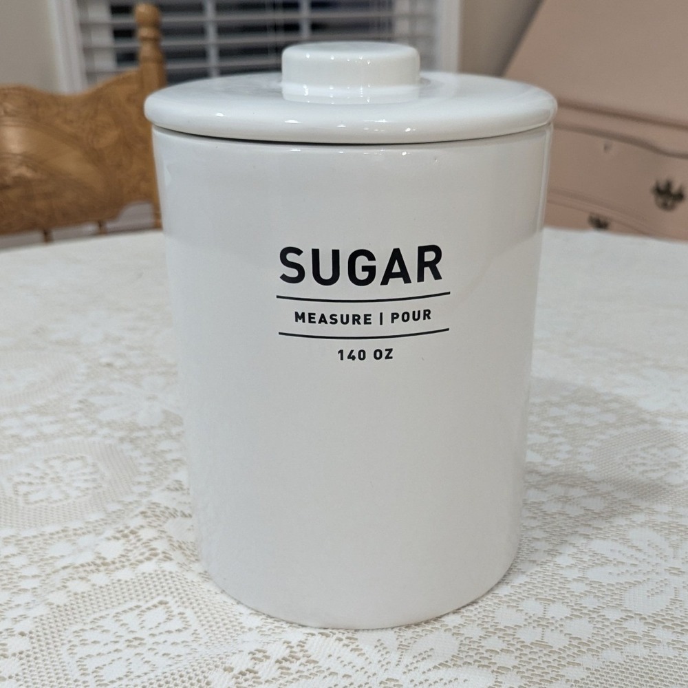 West Elm Sugar Canister  White Ceramic Black Letters Farmhouse Contemporary 9"